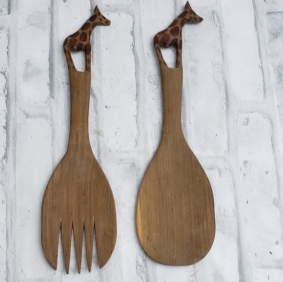 African Hardwood Teak Spoon Fork Spatula Giraffe Handle Salad Serving Set - Picture 3 of 6